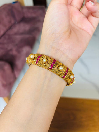 Gold Pearl Flower Kada Bangle